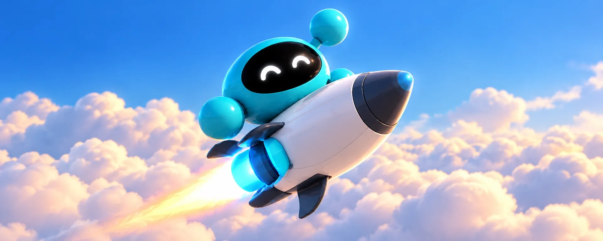 Fluxo, la mascota de DigitalFlux, vuela en un cohete sobre las nubes