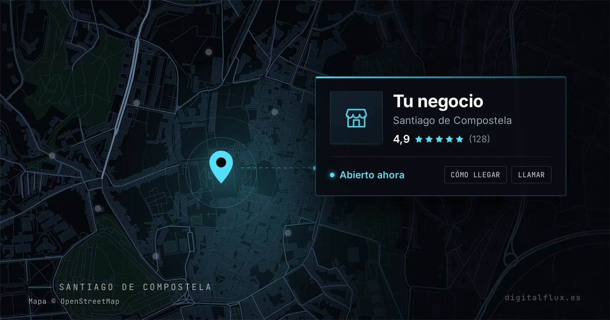 Ficha de Google Maps de una pyme destacada sobre el mapa de Santiago de Compostela